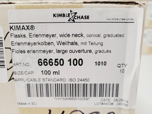 Thumbnail image of Job Lot of 380 x Erlenmeyer Kimax ISO (Wide Neck), 100 ml (10 Per Box) Lab