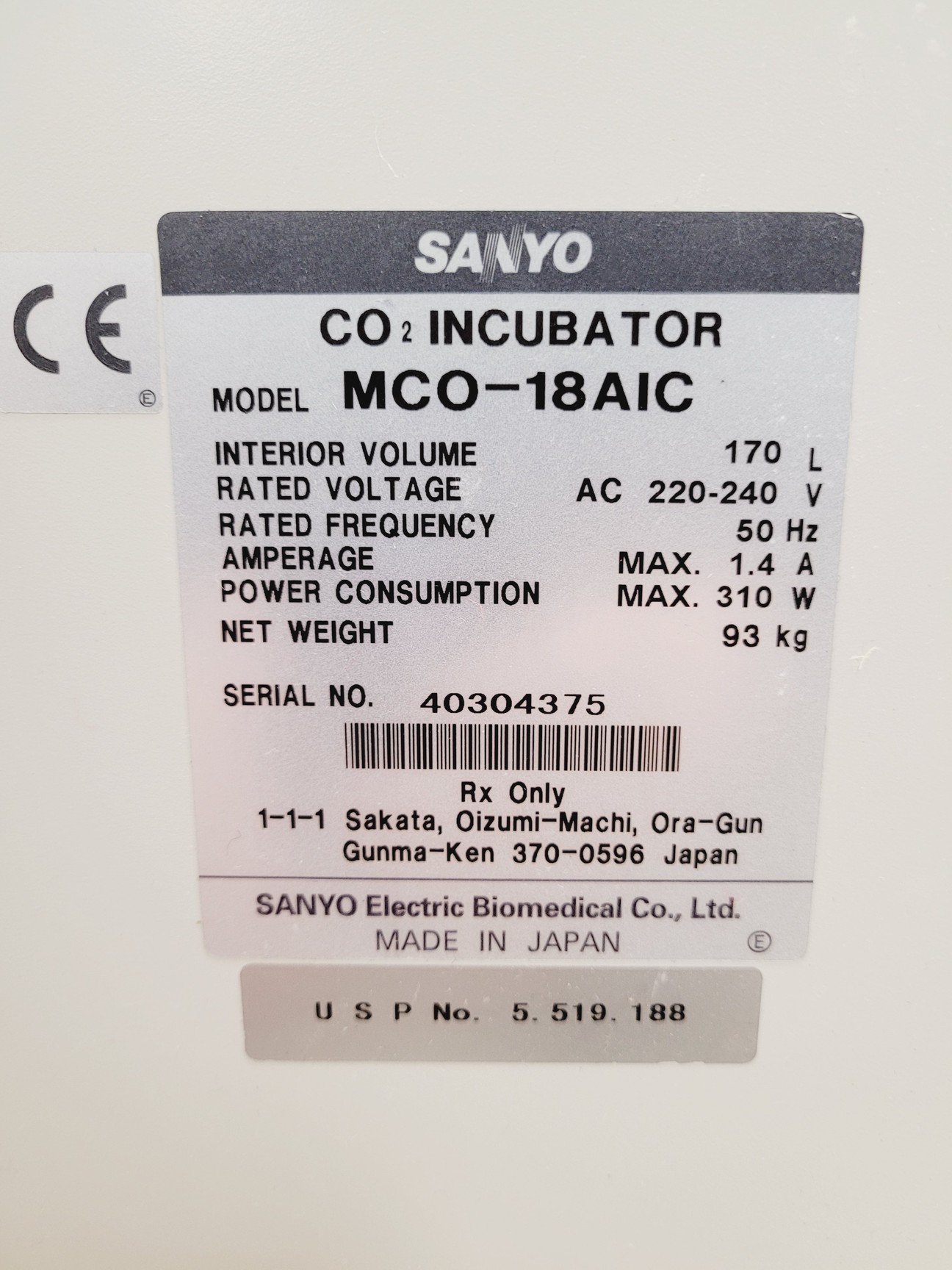 Image of Sanyo CO2 Incubator Model MCO-18AIC Lab