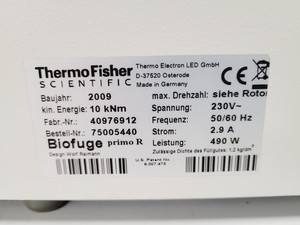 Thumbnail image of Thermo Scientific Model Heraeus Biofuge Primo R Centrifuge Lab