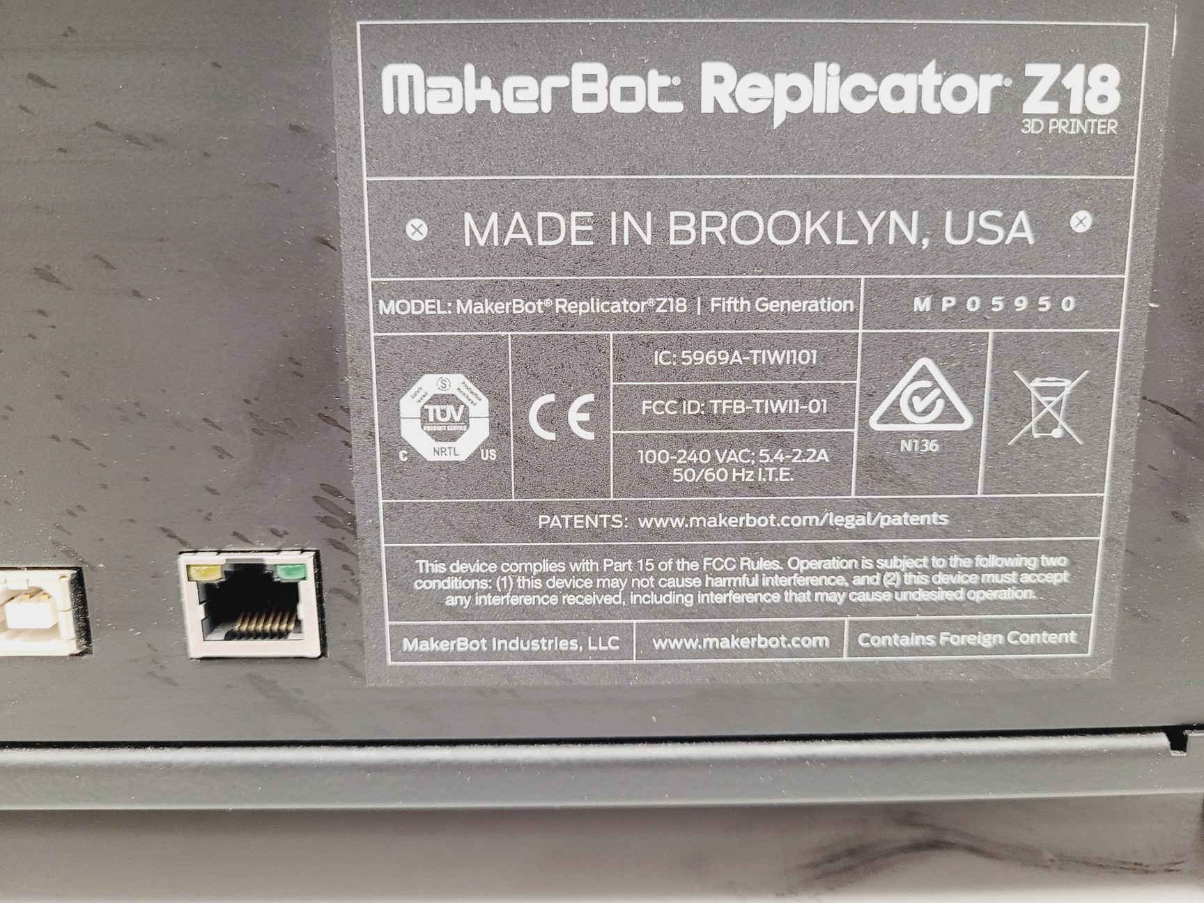 Image of MakerBot Replicator Model Z18 3D Printer 5th Gen