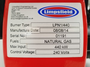 Thumbnail image of Limpsfield LPN1/440  Natural Gas Burner 440 KW/hr - 1.5MBtu/hr Dungs Gas Valve