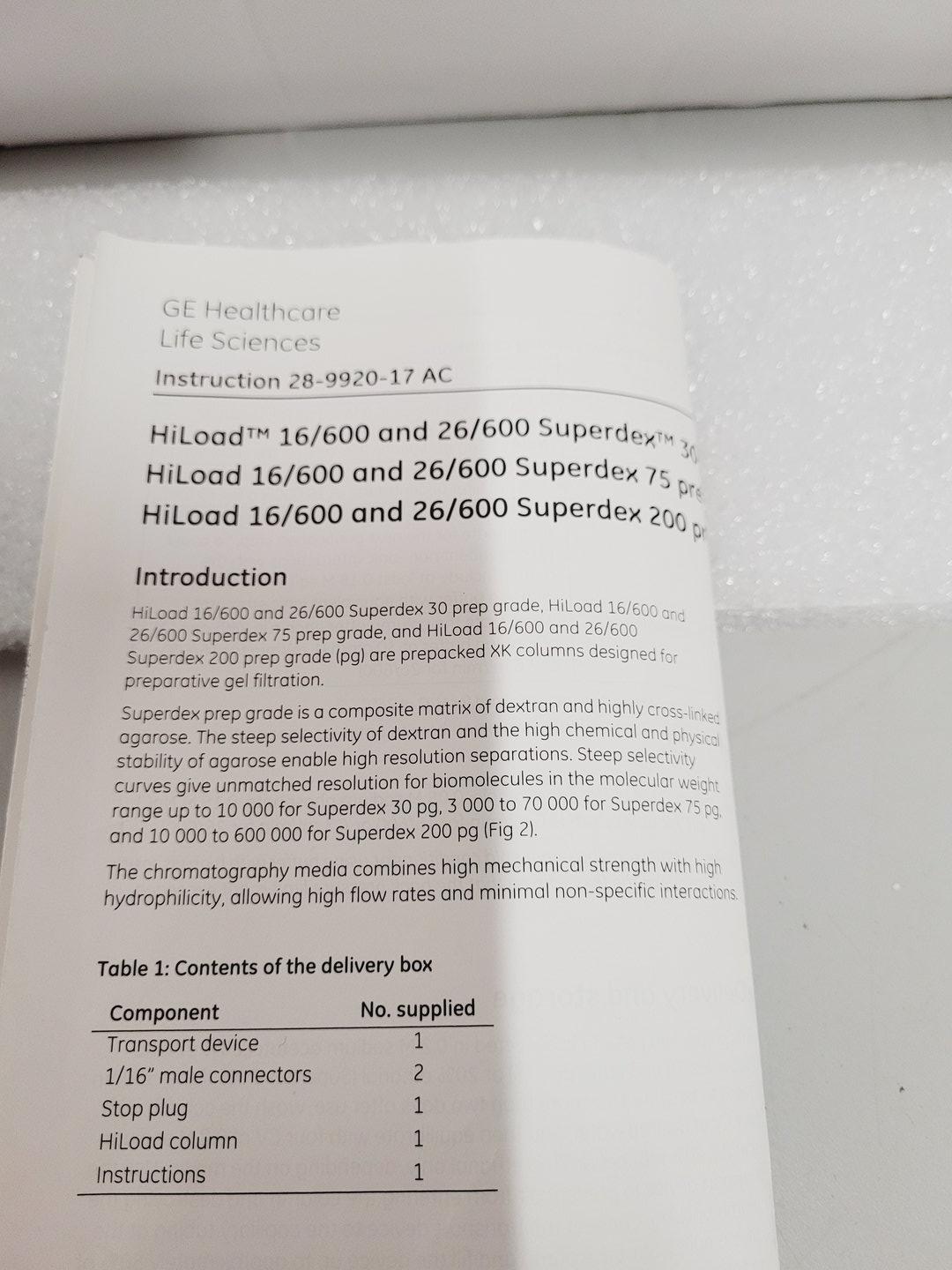 Image of GE Healthcare - Fisher Scientific 16/600 Superdex 75pg Preparative SC Column