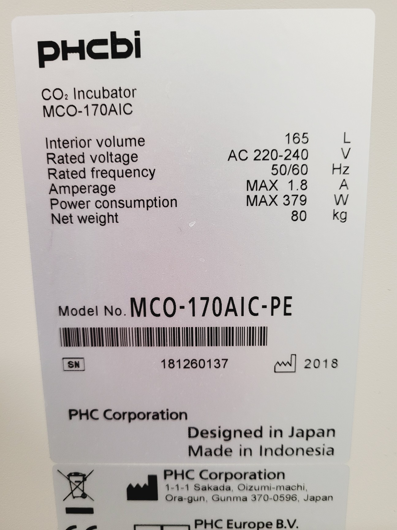 Image of PHCBI CO2 Incubator Model - MCO-170AIC-PE Lab