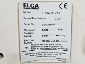 Thumbnail image of ELGA PURELAB Ultra GE Genetic MK2 Water Purifier Purification System Lab