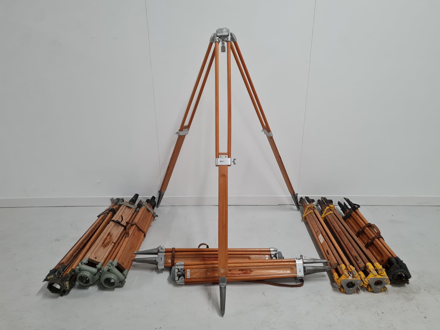 Image of Job Lot of Surveying Equipment inc Vintage Wooden Tripods Lab