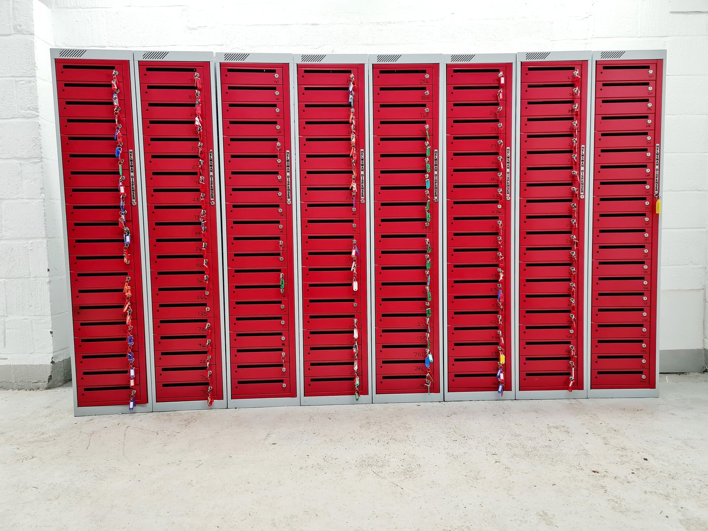 Image of Job Lot of 8 Helmsman Dispenser Red/Grey 20 Door Pigeon Hole Post Cabinets Lab