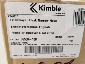 Thumbnail image of Job Lot of 28 Boxes of 10 Erlenmeyer Kimax ISO (Narrow Neck) Flasks, 100 ml Lab