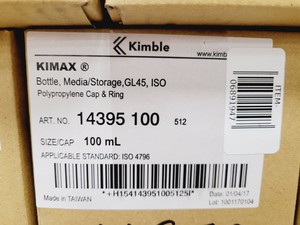 Thumbnail image of Job Lot of 164 Boxes of 10 Media Bottles Kimax ISO, GL45, 100 ml, Blue PP Cap 