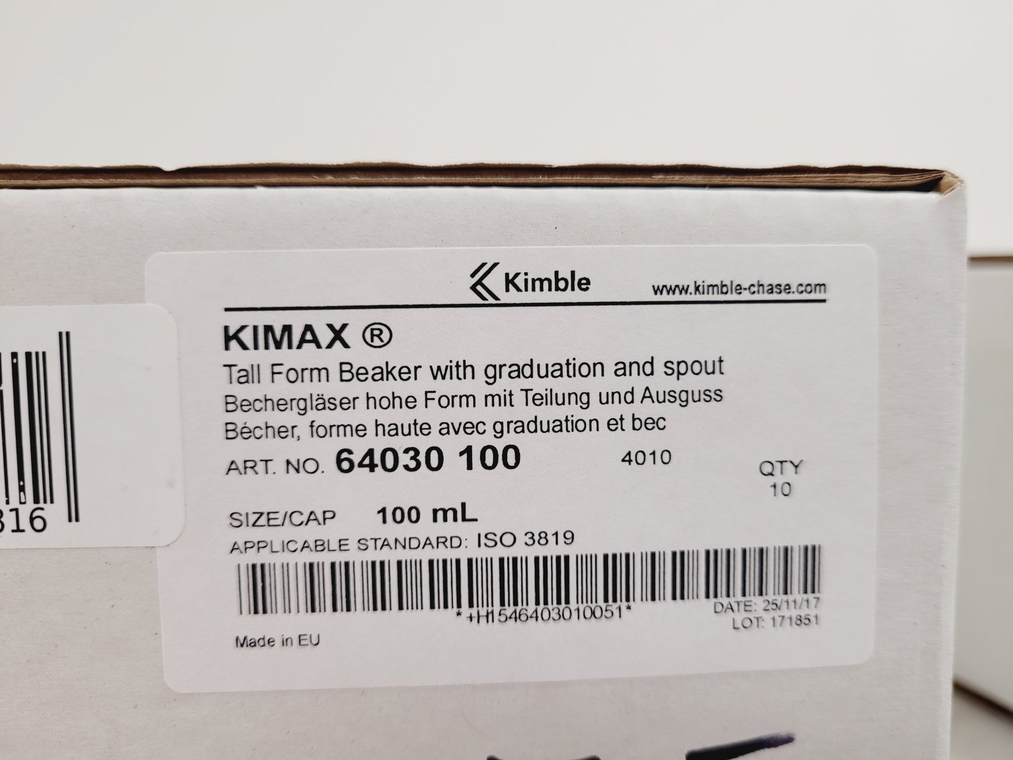 Image of Job Lot of 220 Boxes of 10 Beakers Kimax ISO (Tall Form), 100 ml Lab