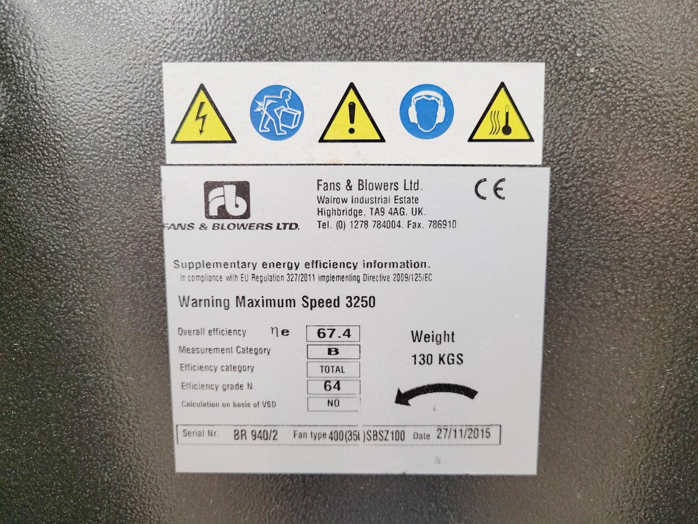 Image of FB Fans & Blowers Ltd Centrifugal Fan Type 400 (350) SBSZ100 & Controller