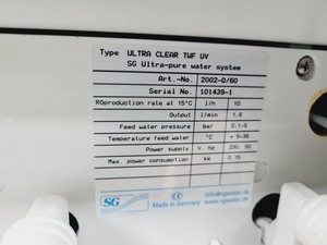 Thumbnail image of SG Ultra Clear TUF UV Ultrapure Water System With Permeate Tank Lab