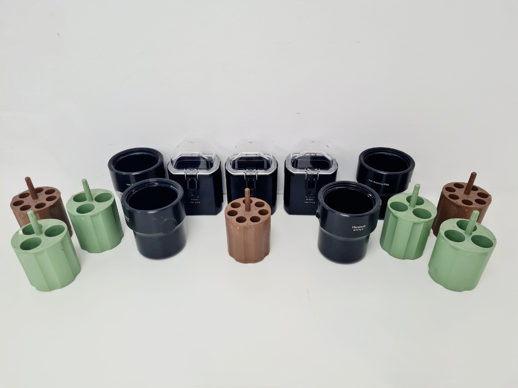 Lot Of Heraeus Centrifuge Rotor Buckets & Adapters #7570 E #8030 Lab