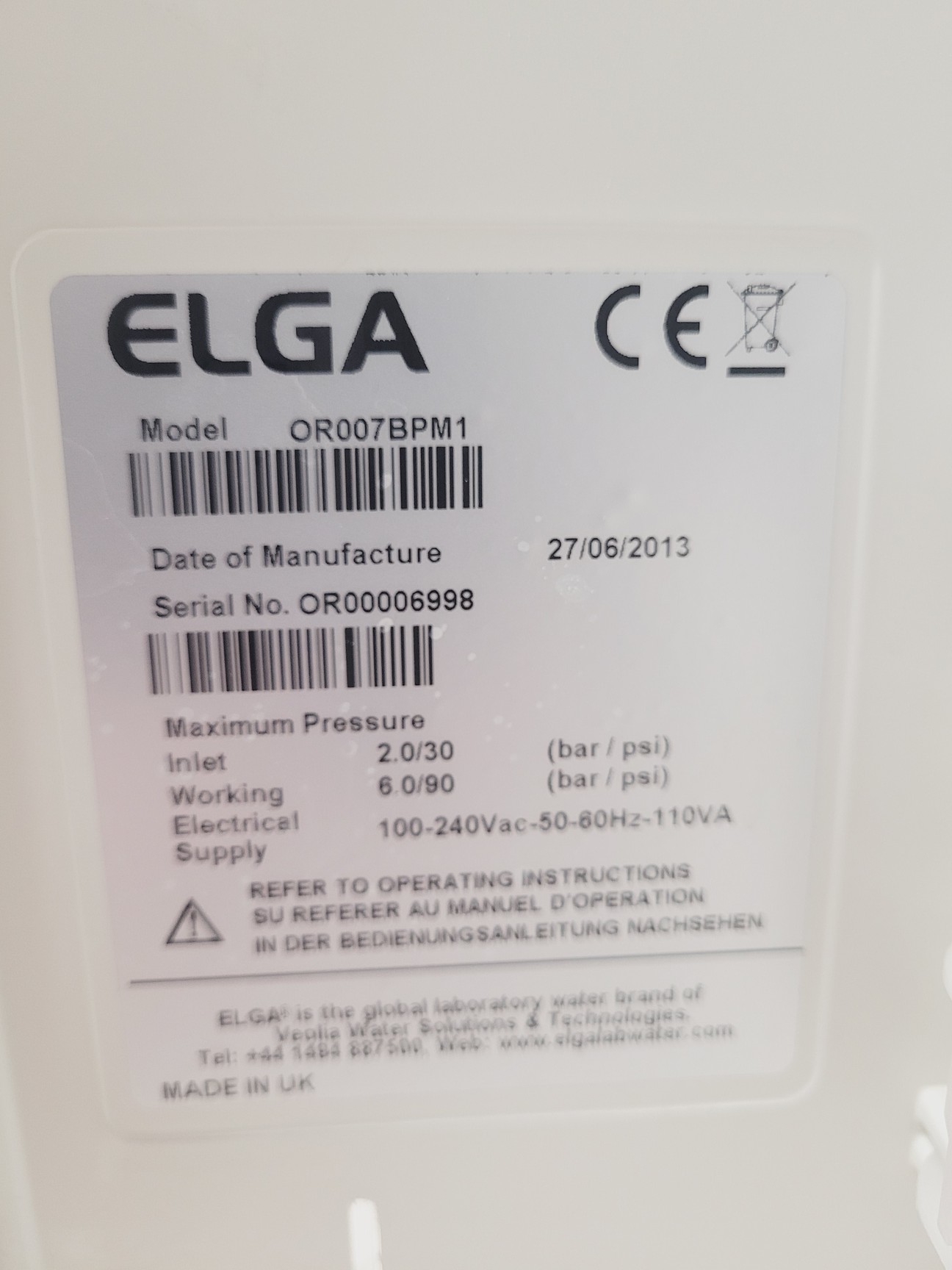Image of Elga PureLab Option with Elga USF 75L Model OR007BPM1 Reservoir Lab