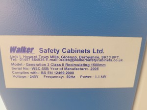 Thumbnail image of Walker Safety Cabinets Generation 3 Class 2 Recirculating 1500mm Spares/Repairs