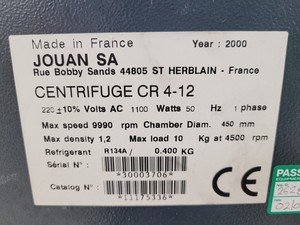 Thumbnail image of Jouan Refrigerated Centrifuge  Model - CR412 with 4750RPM Rotor & Inserts Lab