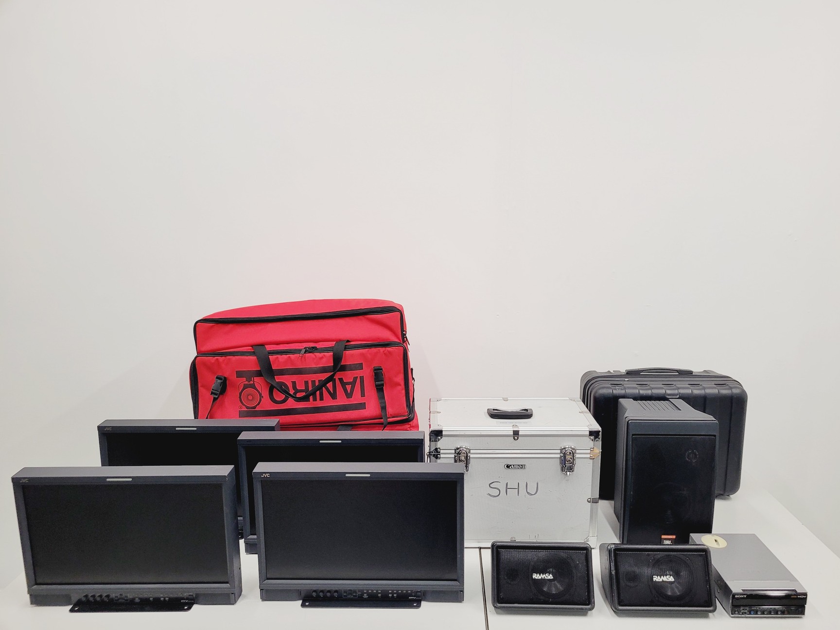 Image of Job Lot of AV Equipment Stage Lights, Camera Steady, Speakers, Sony HVR-M15E Lab