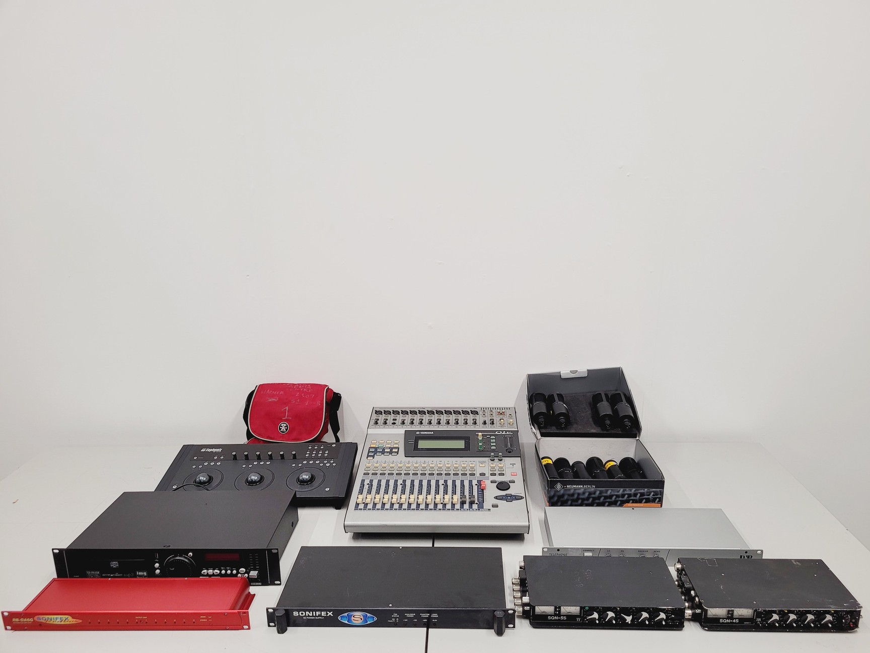 Image of Job Lot of AV Equipment Yamaha Mixing Desk, Mics, Soniflex Amp, Canon Camera etc