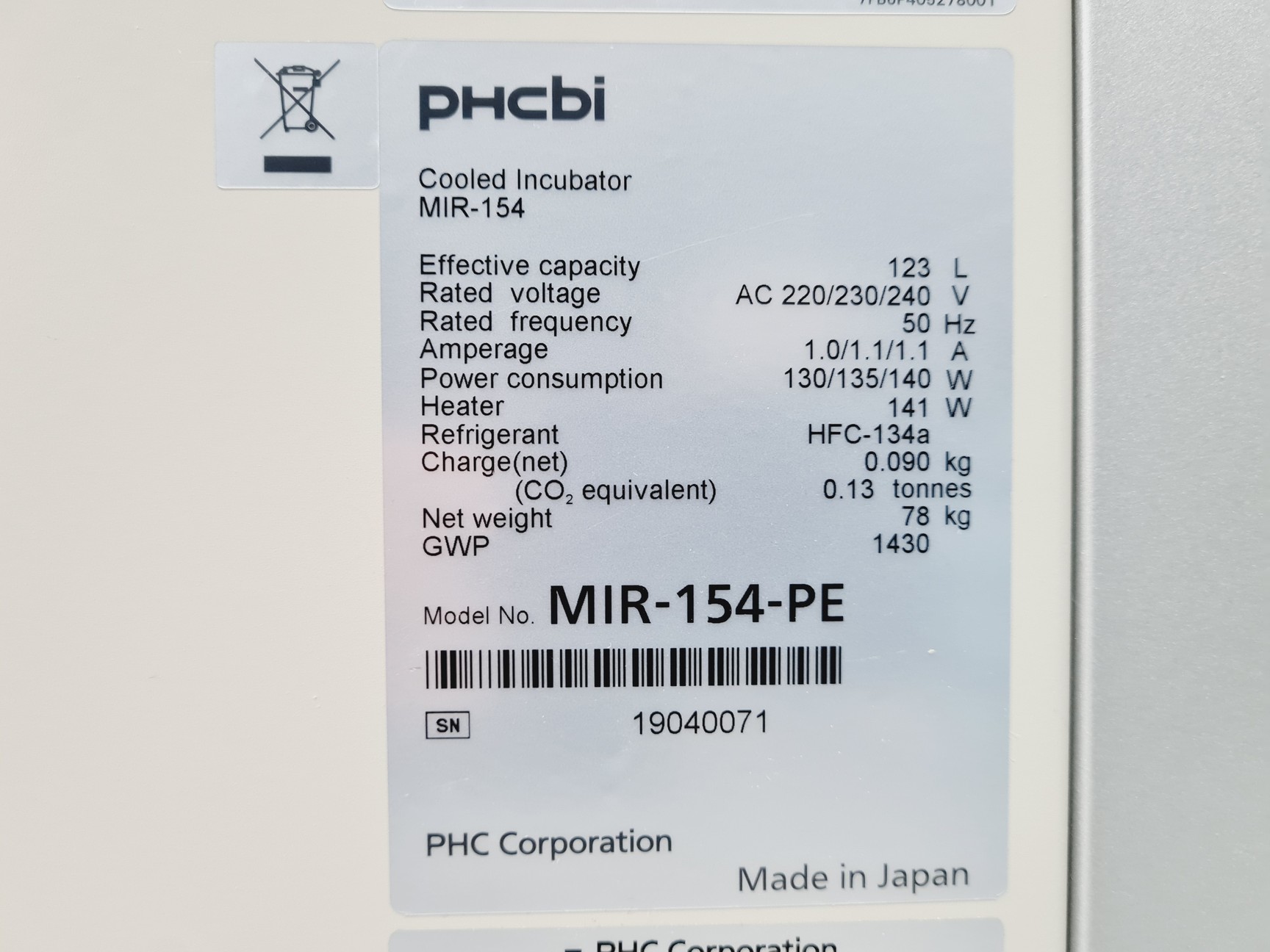 Image of PHCBI Cooled Incubator Model Type MIR-154-PE Labs