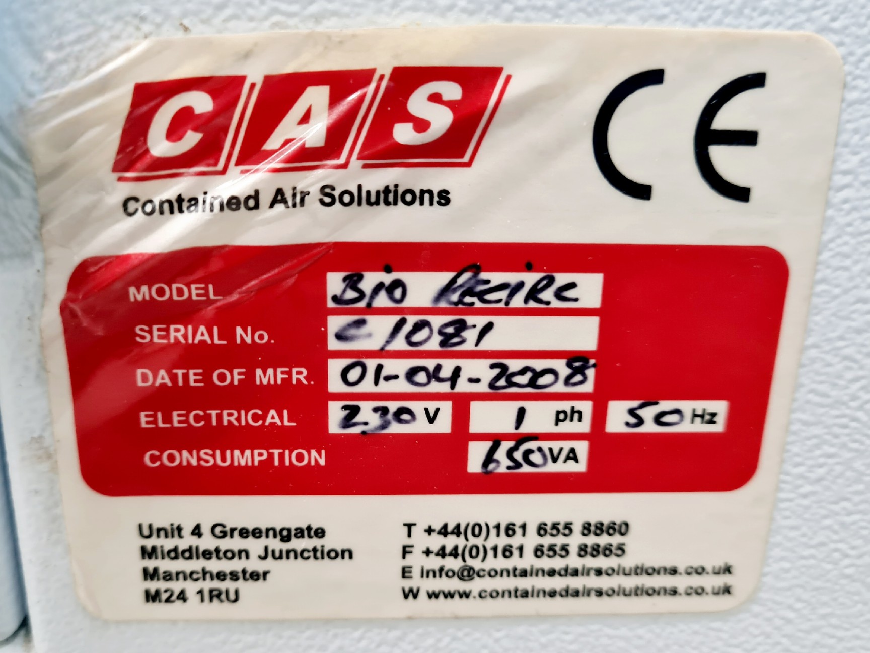 Image of CAS Bio-Class 2 Bio Recirculating Microbiological Safety Cabinet Lab