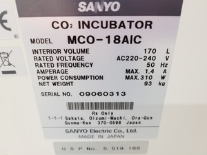 Thumbnail image of Sanyo MCO-18AIC C02 Laboratory Incubator Lab Spares/Repairs