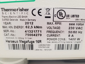 Thumbnail image of Thermo Scientific Heraeus Megafuge 16R Centrifuge w/ TX-400 Rotor & Buckets Lab