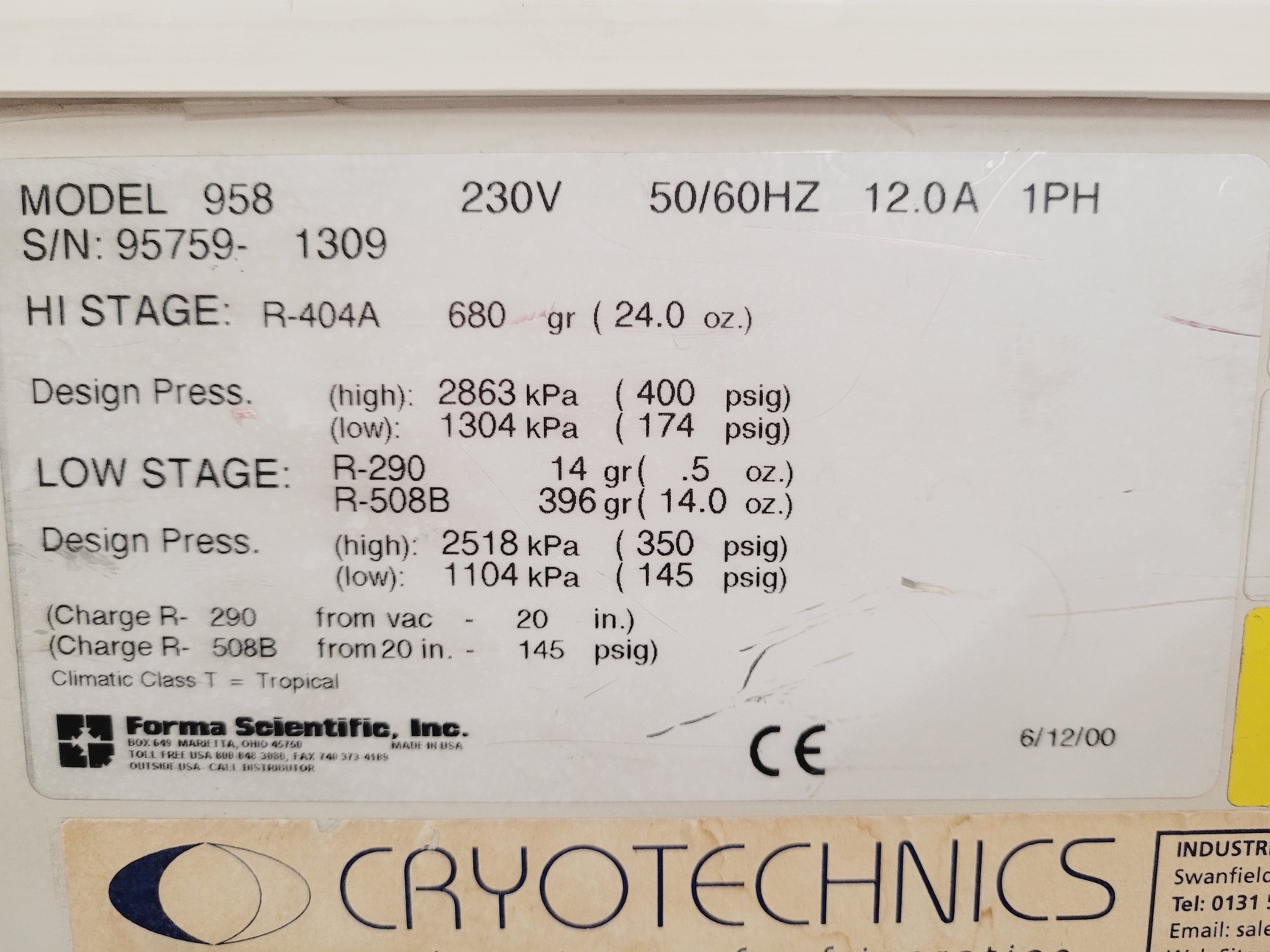 Image of Forma Scientific Cryotechnics 958 Laboratory Chest  -86˚C Freezer Lab