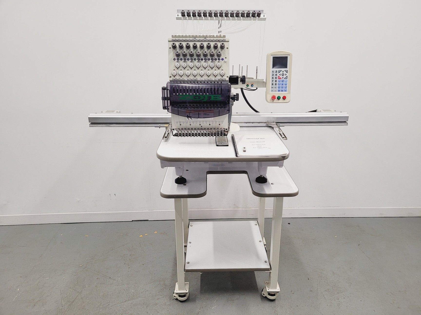 Image of Zoje ZJ-1501PT Single-Head Commercial Embroidery Machine On Stand 