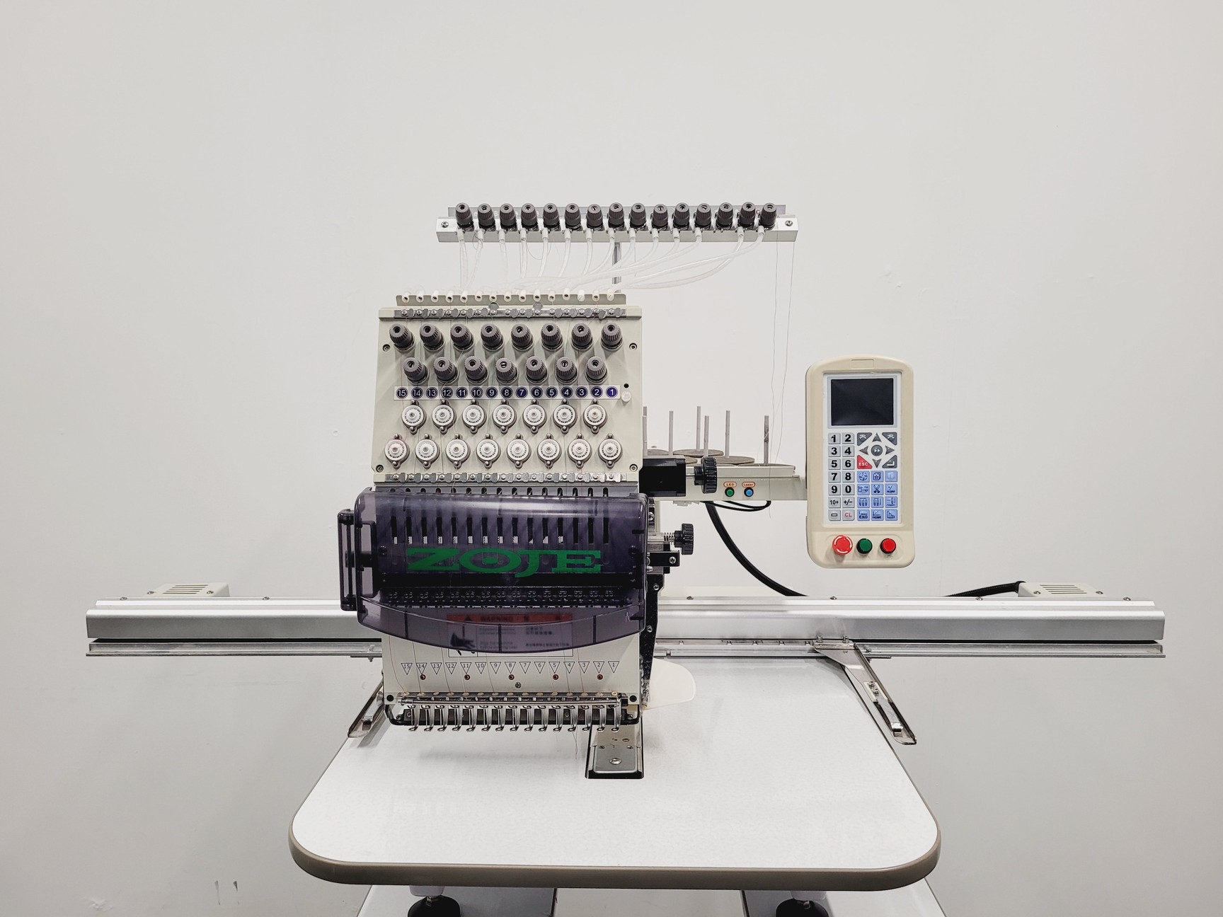 Image of Zoje ZJ-1501PT Single-Head Commercial Embroidery Machine On Stand