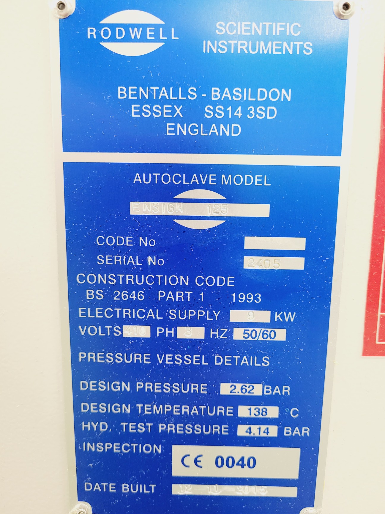 Image of Rodwell Ensign 125 Floor Standing Autoclave Spares/Repair Lab