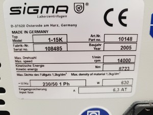 Thumbnail image of Sigma 1-15K Refrigerated Benchtop Centrifuge w/ 12132 Spares/Repair Lab