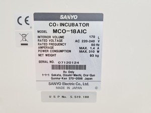 Thumbnail image of Sanyo MCO-18AIC Co2 UV Incubator Faulty CO2 Sensor Spares/Repair Lab