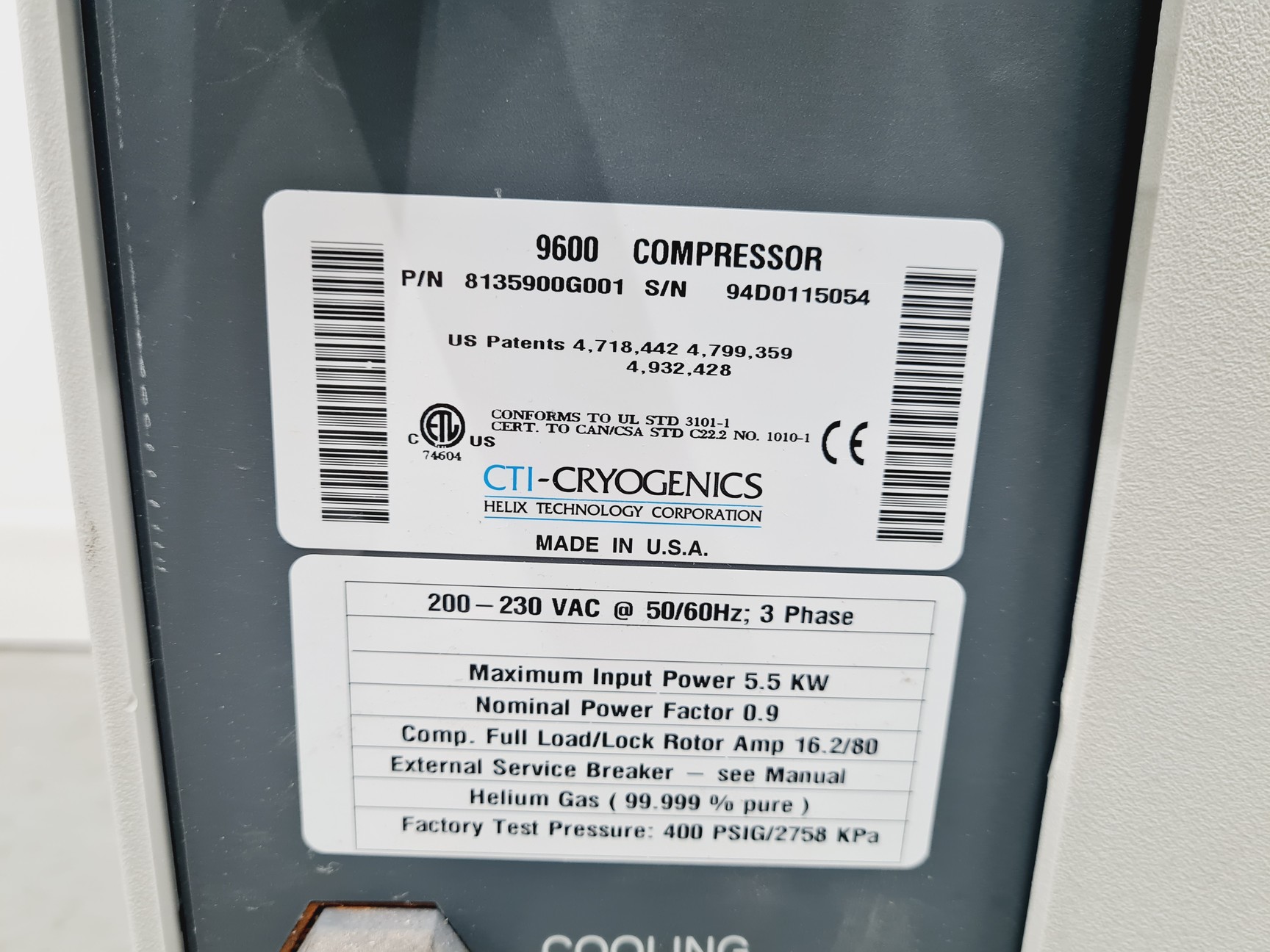 Image of CTI-Cryogenics 9600 Compressor With Auto Transformer SKE 331-3 