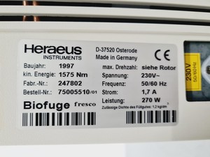 Thumbnail image of Heraeus Biofuge Fresco Centrifuge w/ PP 1/97 #3324 Rotor Lab