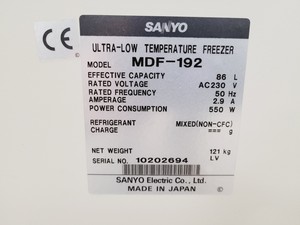 Thumbnail image of Sanyo MDF-192 Ultra Low-Temperature Freezer Lab