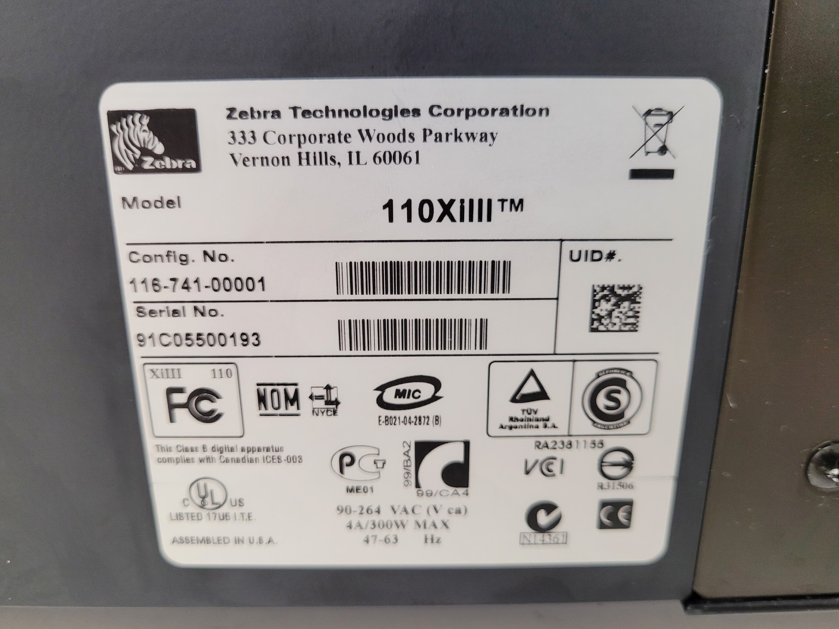Image of Zebra Model 110 XiIII Plus Thermal Label Printer Lab