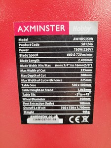 Thumbnail image of Axminster Hobby Series AWHBS350N Vertical Band Saw