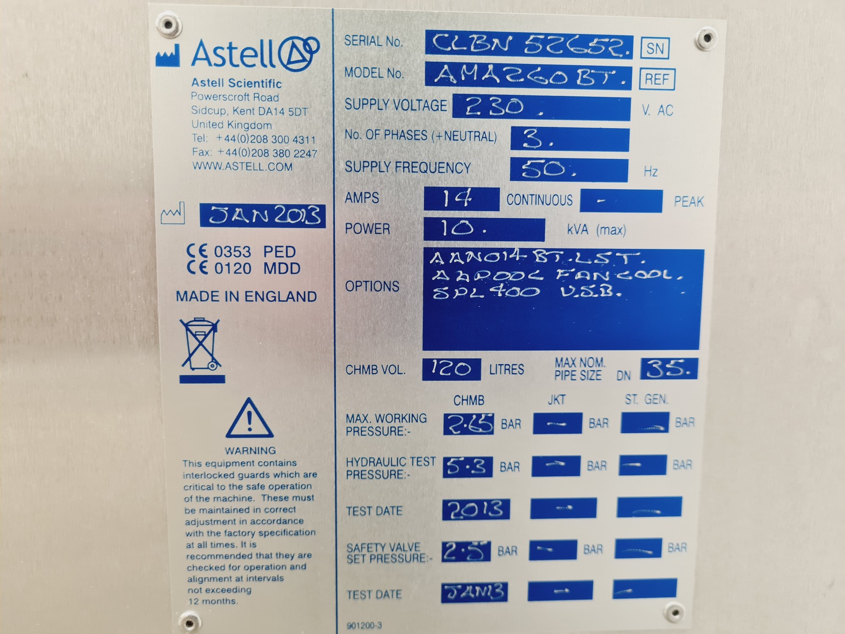 Image of Astell AMA260BT Autoclave Lab Spares/Repairs