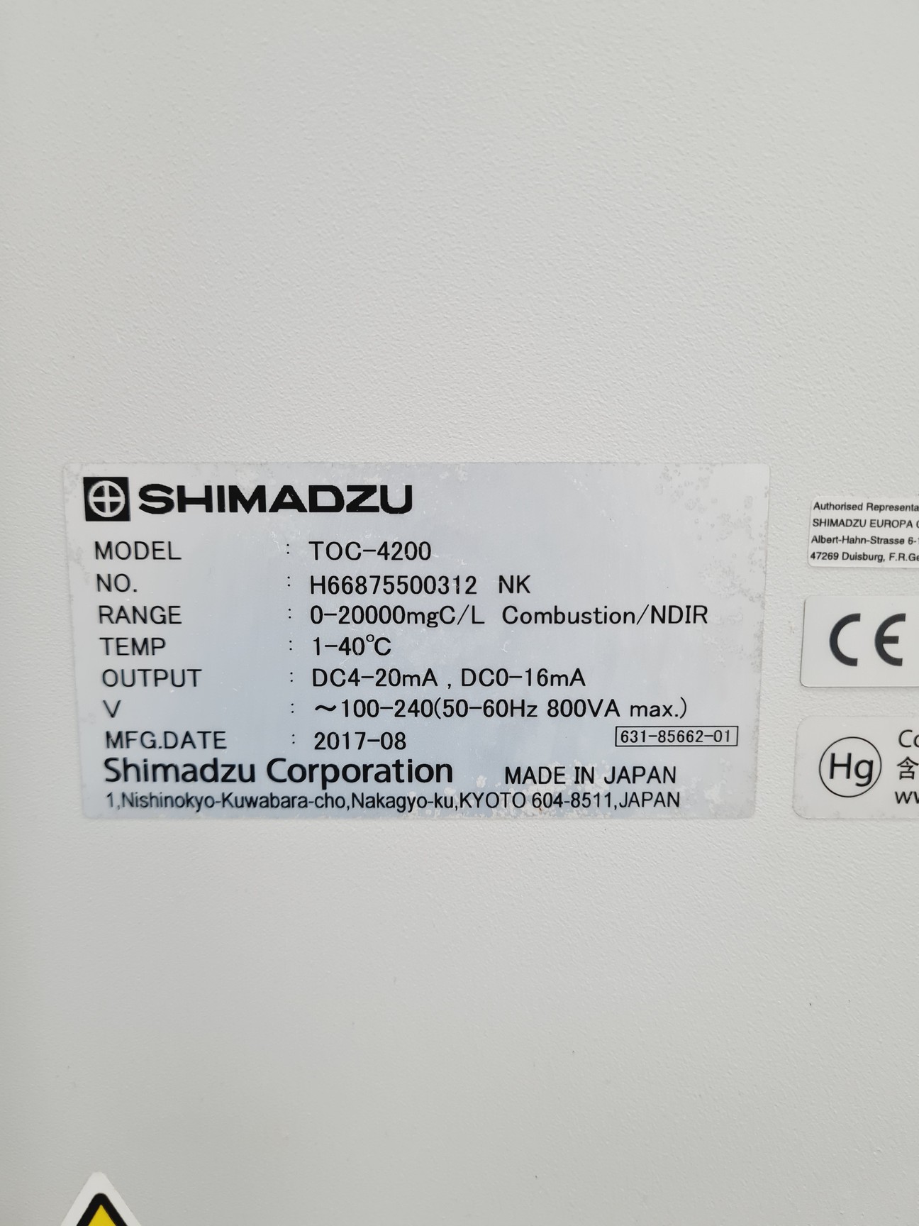 Image of Shimadzu Total Organic Carbon Analyzer TOC-4200 Spares/Repair Lab