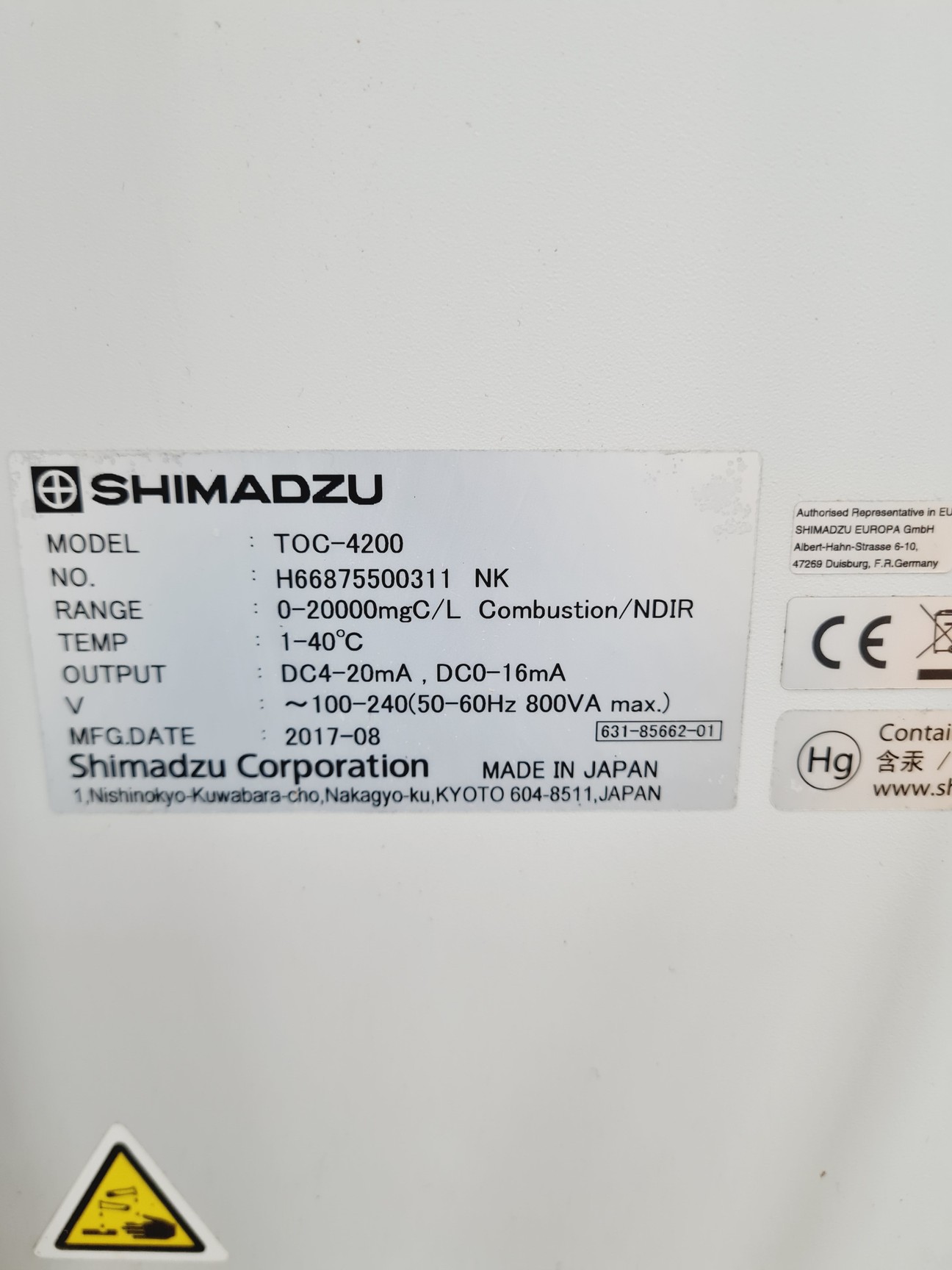 Image of Shimadzu Total Organic Carbon Analyzer TOC-4200 Spares/Repair Lab