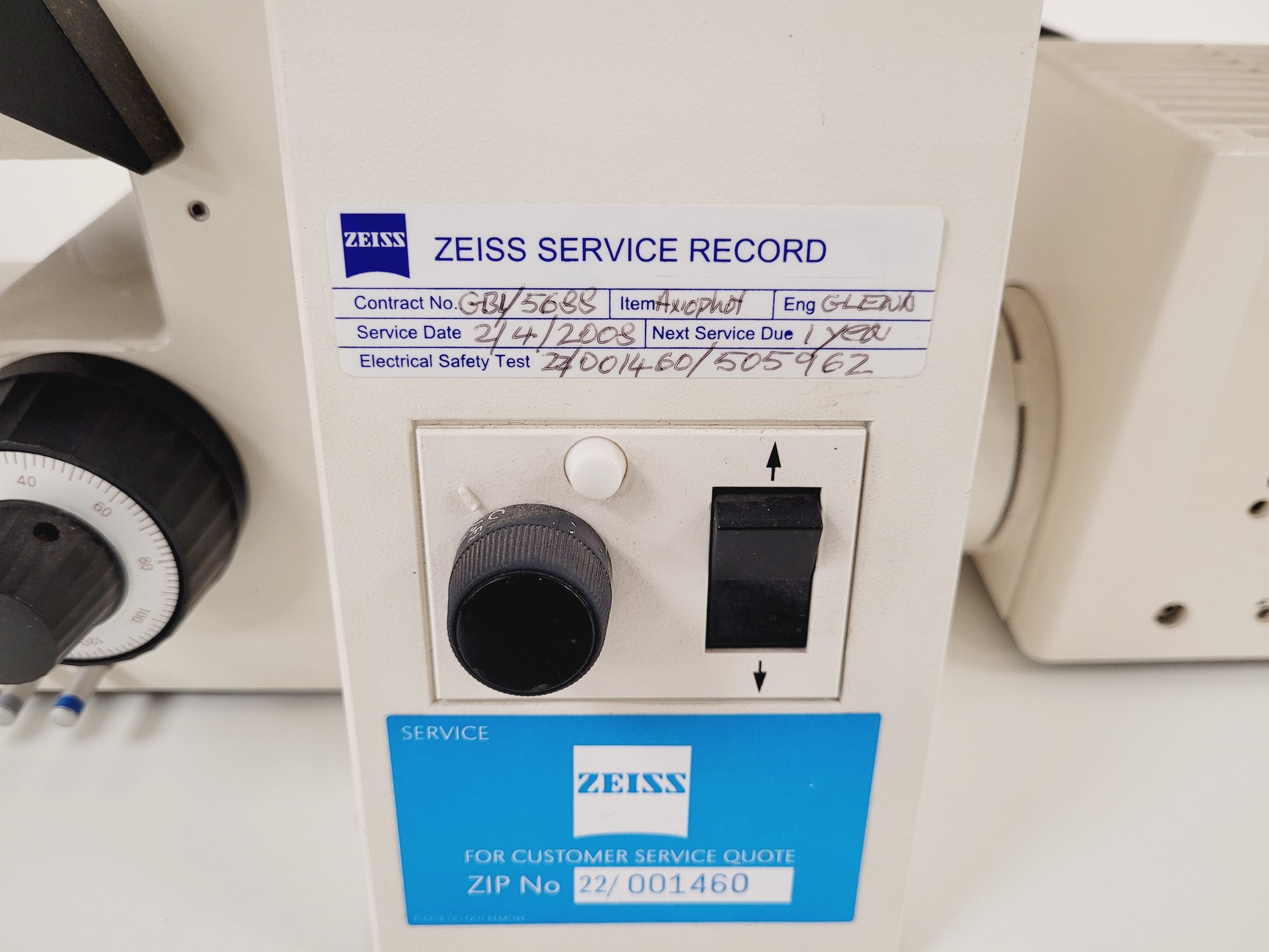 Image of Carl Zeiss Axiophot Microscope Part No. 45 18 87 w/  5 x Zeiss Plan-NEOFLUAR