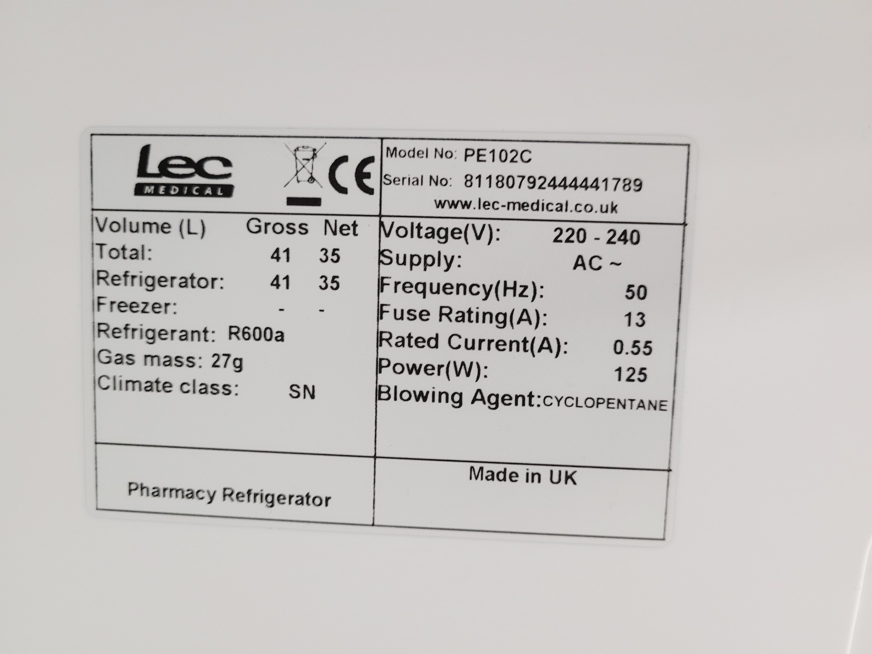 Image of  LEC Model PE102C Medical Refrigerator Lab
