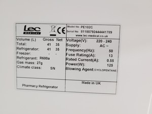 Thumbnail image of  LEC Model PE102C Medical Refrigerator Lab