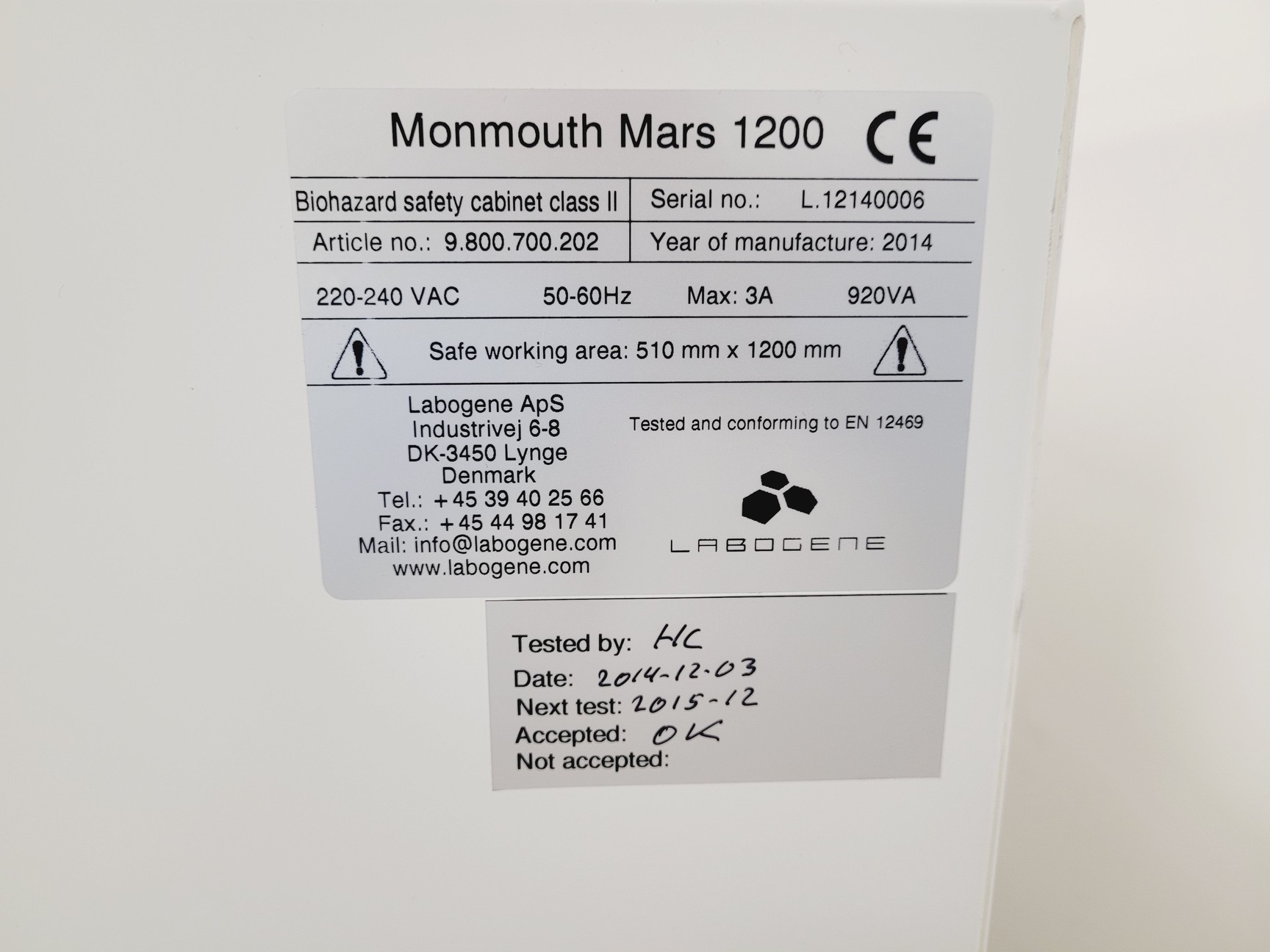 Image of Monmouth Mars 1200 Class II Biological Safety Cabinet Spares/Repair