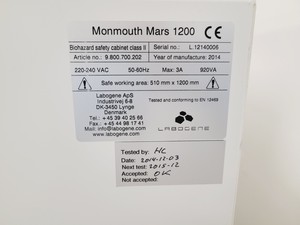 Thumbnail image of Monmouth Mars 1200 Class II Biological Safety Cabinet Spares/Repair