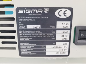 Thumbnail image of Sigma 1-15K Refrigerated Benchtop Centrifuge Spares/Repair Lab