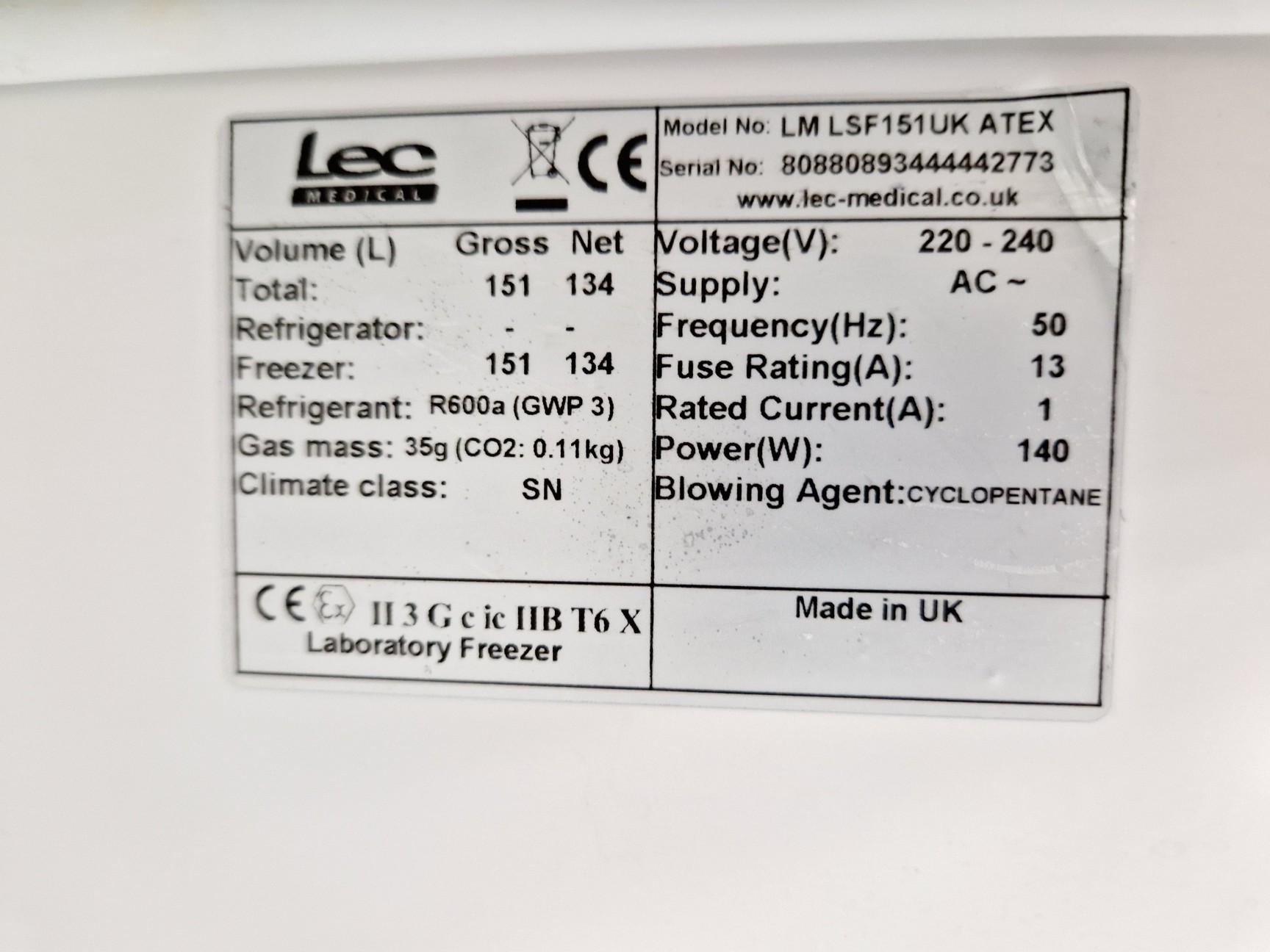 Image of LEC LSF151UK Under-Counter Laboratory Freezer Lab