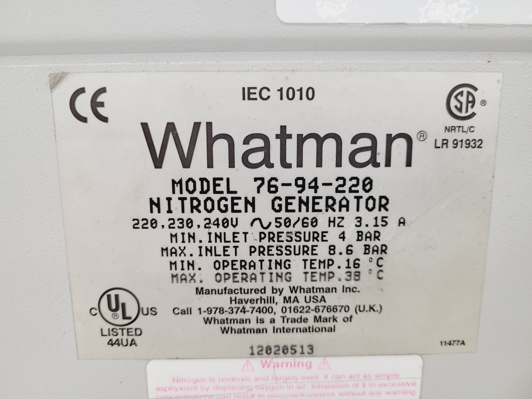 Image of Whatman/Parker Balston UHP Nitrogen Generator Model 76-94-220