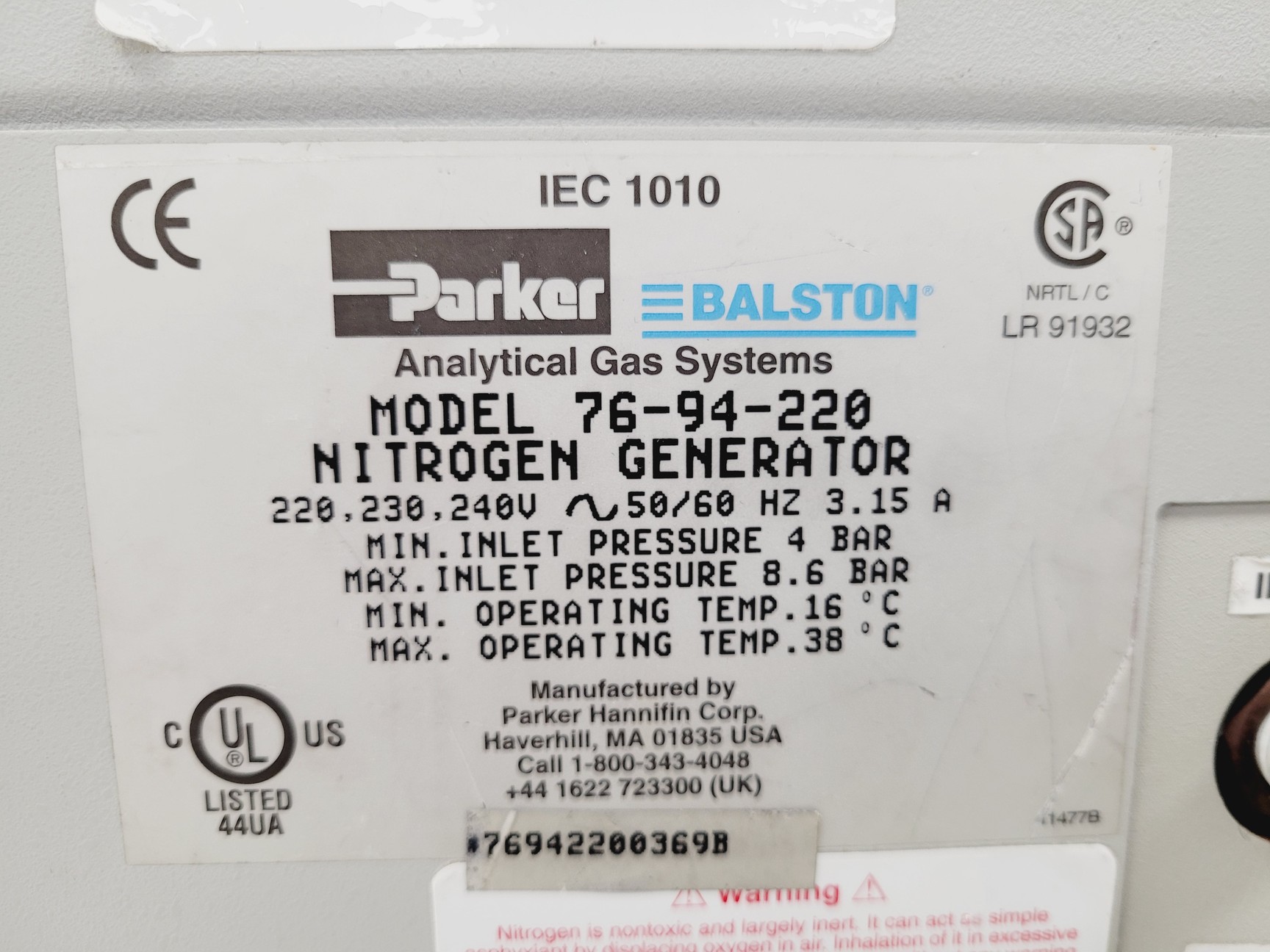 Image of Whatman/Parker Balston UHP Nitrogen Generator Model 76-94-220