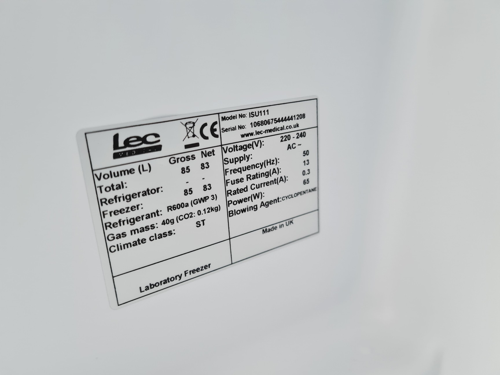 Image of LEC+ Model ISU1111 Laboratory Medical Freezer Spares/Repair Lab