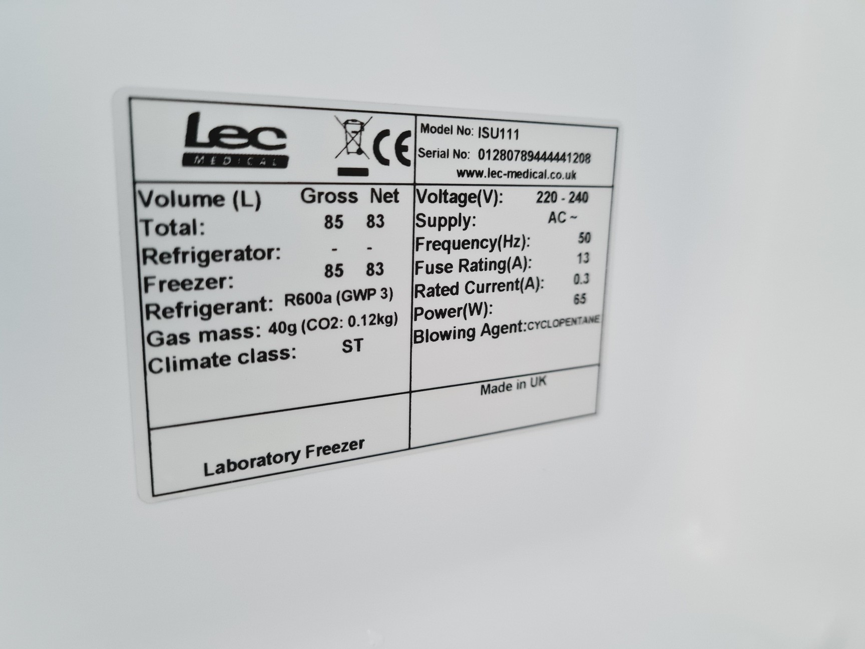 Image of LEC+ Model No. SU1111 Laboratory Medical Freezer Lab